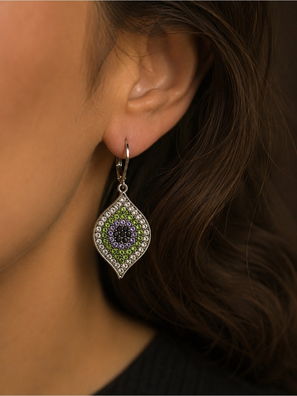 Vintage Style Rhinestone Teardrop Drop Earrings | Green Purple & Clear Crystal